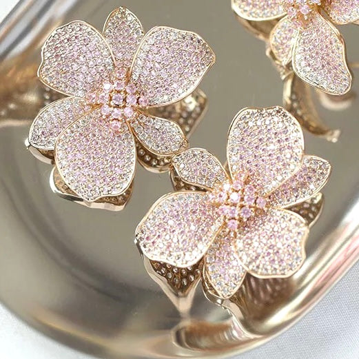 Gold wild orchid earrings, Micro-pavé gold floral earrings, Crystal cluster gold statement earrings, Pastel shimmer gold earrings, Elegant gold plated flower earrings, Sparkling gold cocktail earrings, Luxe gold earrings for special occasions