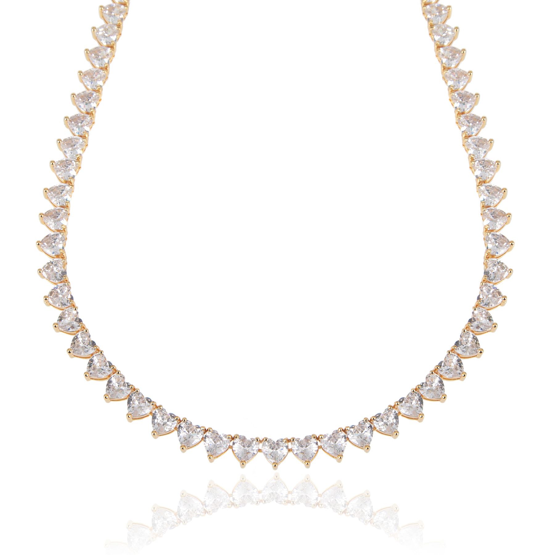 A deluxe tennis-style necklace composed of 7 mm heart-shaped clear cubic zirconia stones, each set in polished 18 ct gold plating. The hearts are aligned closely along a 16‑inch (40 cm) chain, creating a continuous sparkle around the neckline. The design features a secure, invisible clasp hidden behind one stone for a seamless look. The high-reflective gold finish and perfectly cut CZs give the piece a luxurious, radiant appeal—ideal for special occasions or elevating everyday style. It weighs approximately