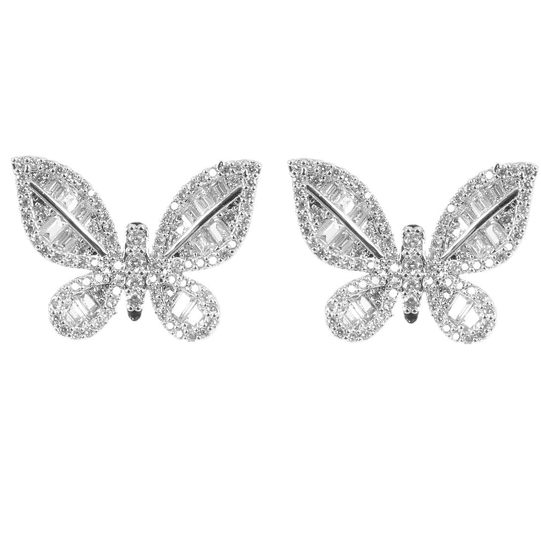 A pair of silver‑plated stud earrings in the shape of delicate butterflies, shown side by side on a white surface. Each earring features a symmetrical butterfly silhouette with gently curved wings. The wings are adorned with tiny pavé-set cubic zirconia crystals that catch the light, while the central body is polished metal. The earrings are compact—approximately 0.8–1 cm across—and fasten with standard push-back posts. The overall design is feminine, sparkling, and refined, making these studs an elegant ye