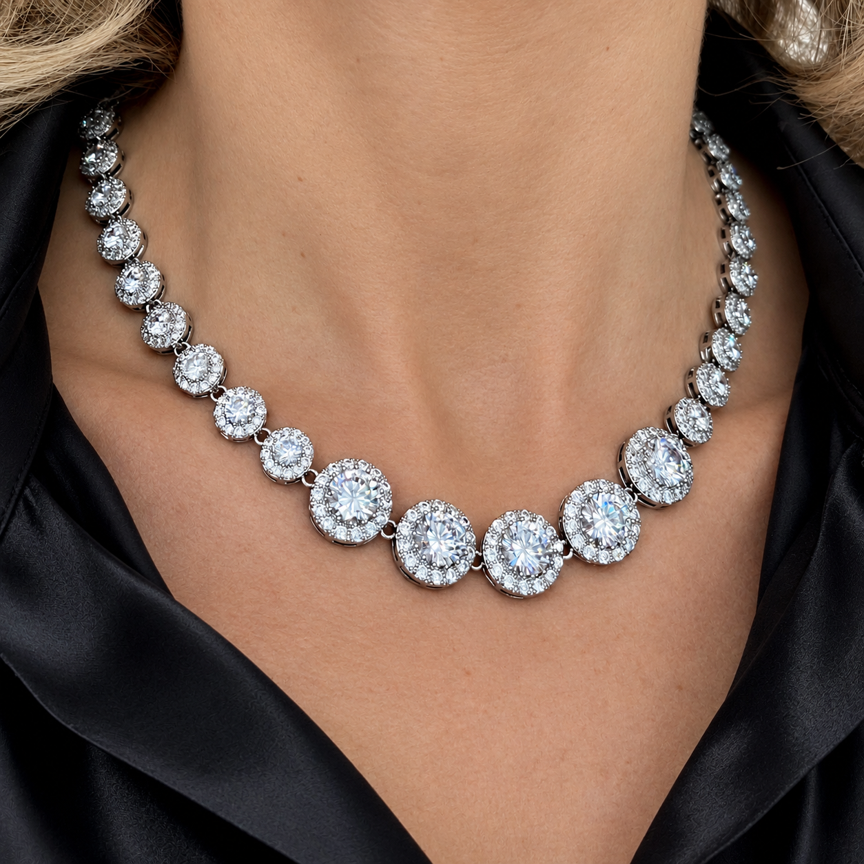 Model wearing Saskia Crystal Tennis Necklace in Silver | Valentina-Rose Jewellery