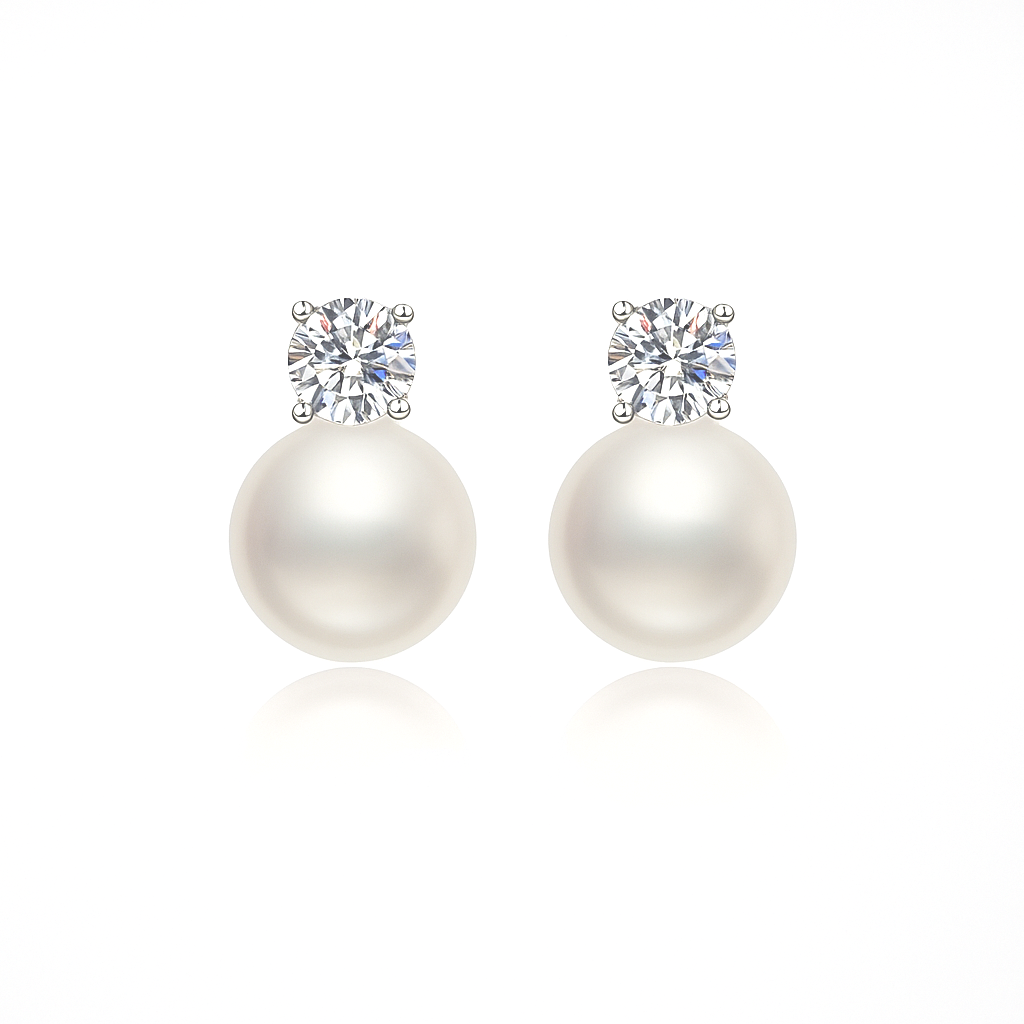 Grace Crystal and Pearl Stud Earrings for Women – Dainty 9mm x 4.3mm Rhodium-Plated Cubic Zirconia and Pearl Earrings – Elegant Bridal, Bridesmaid, Everyday Jewelry