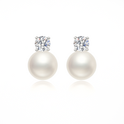 Grace Crystal and Pearl Stud Earrings for Women – Dainty 9mm x 4.3mm Rhodium-Plated Cubic Zirconia and Pearl Earrings – Elegant Bridal, Bridesmaid, Everyday Jewelry