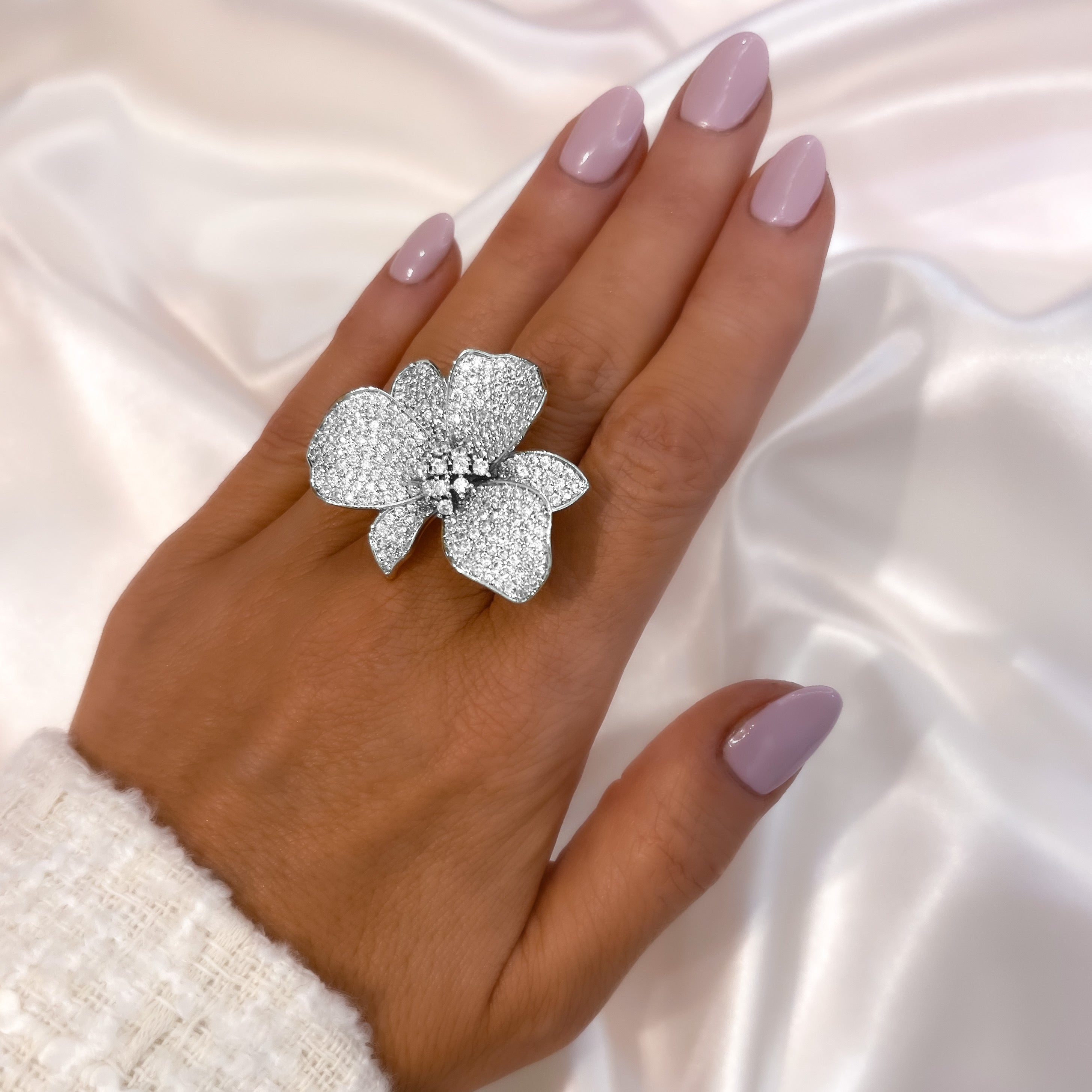 Wild Orchid Flower Cocktail Ring Silver | Black Friday Sale