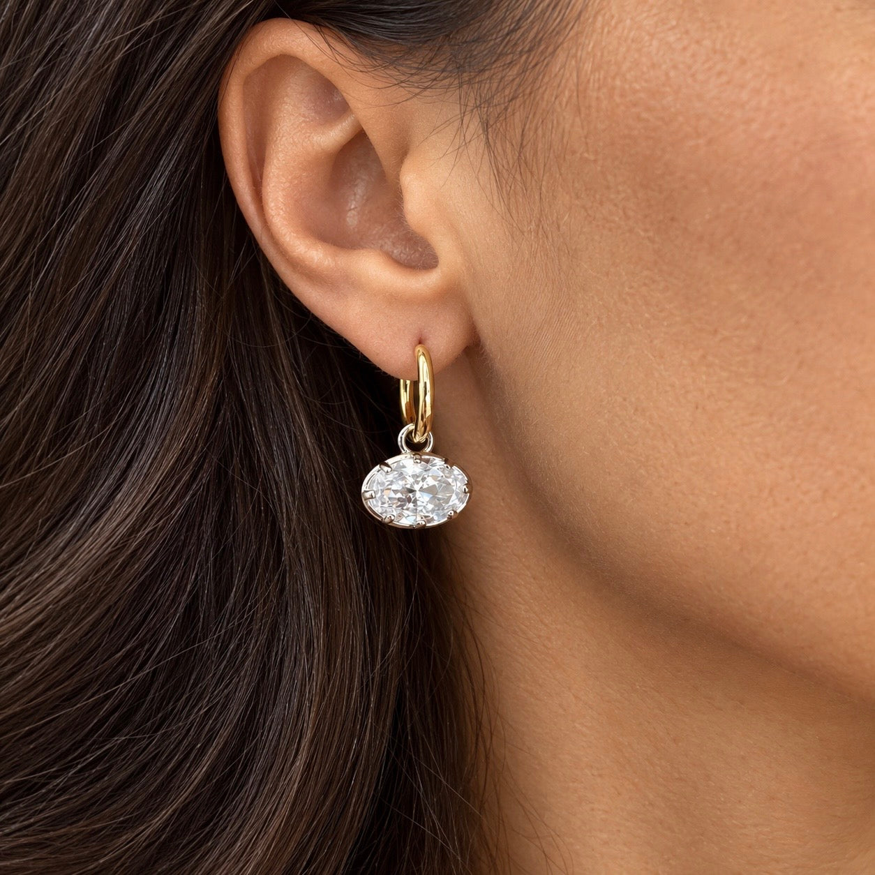 Model wearing Hailey East West Oval Hoop Earrings in Gold & Silver Combo | Valentina-Rose Jewellery