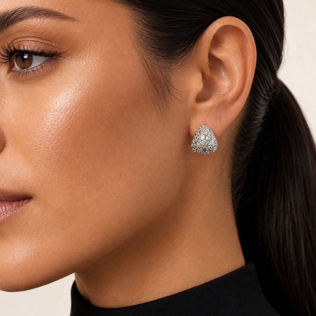 Model wearing silver pavé teardrop stud earrings – Valentina-Rose