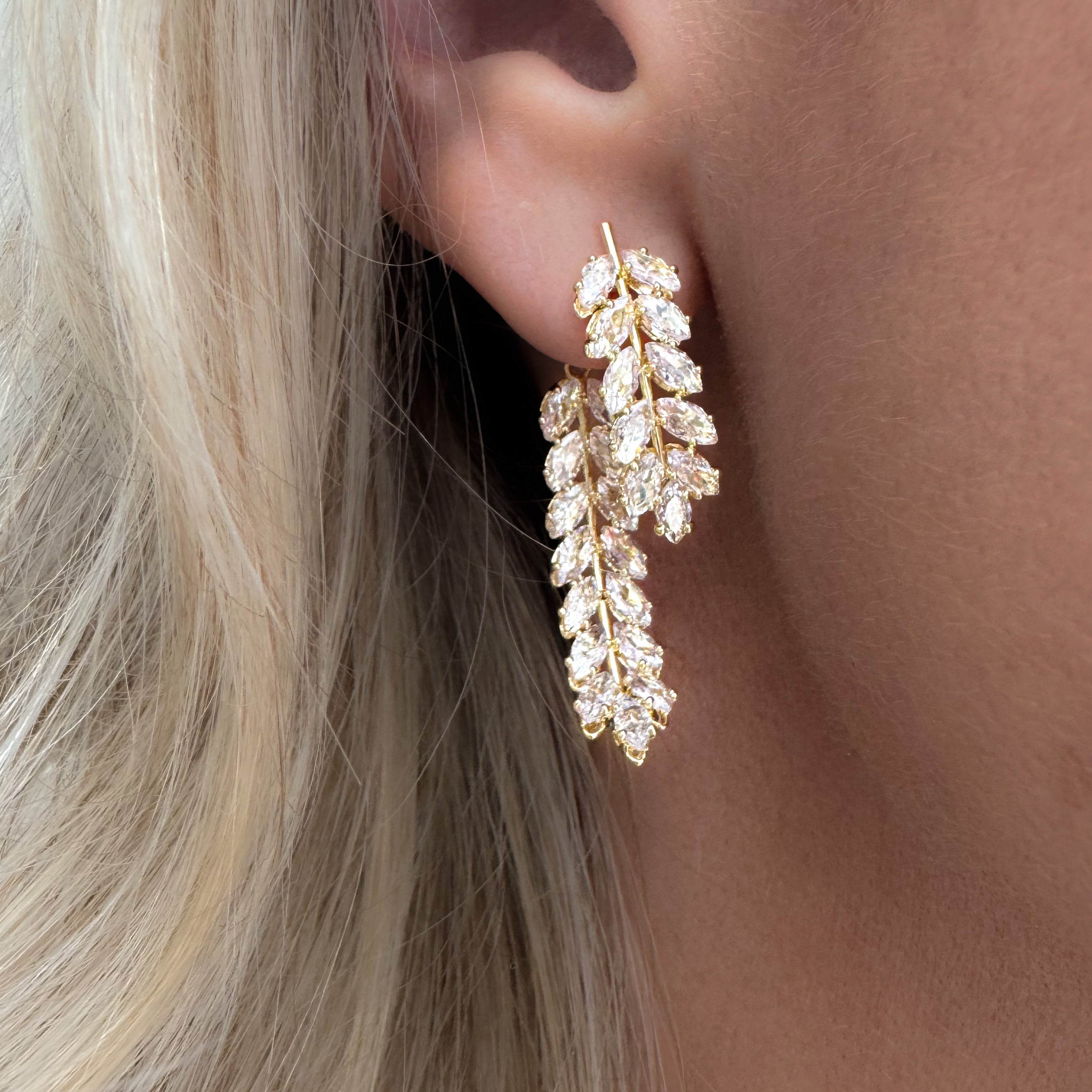 Feathered Leaf Front To Back Drop Earrings | Gold