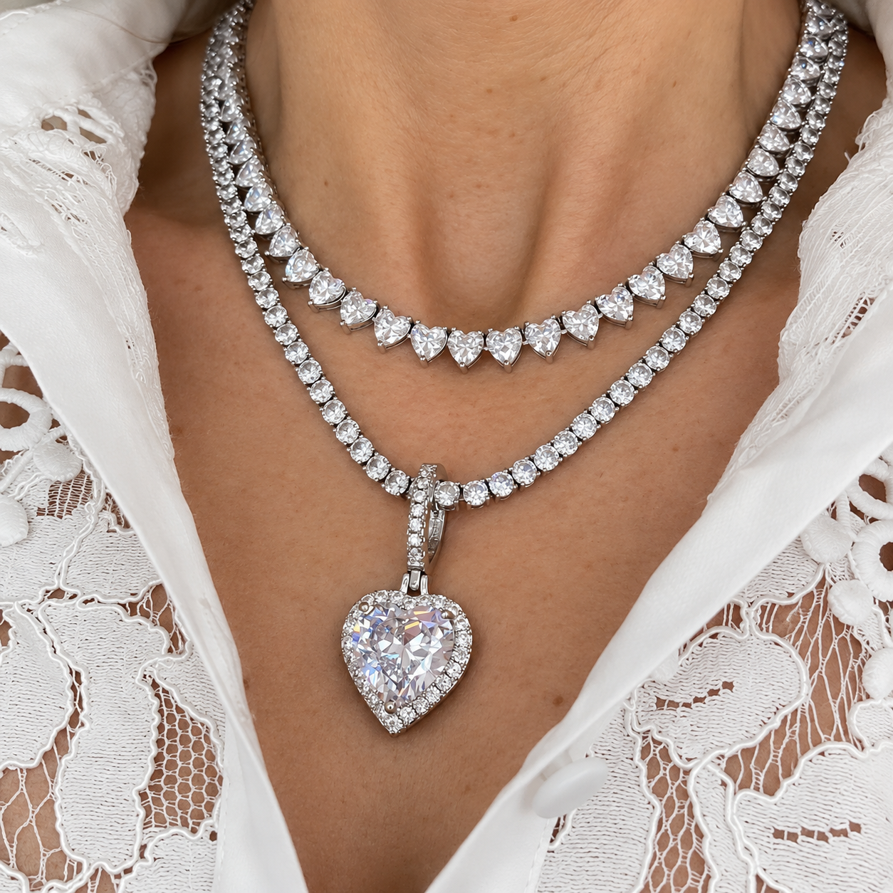 Cristalle Heart Tennis Necklace | Silver
