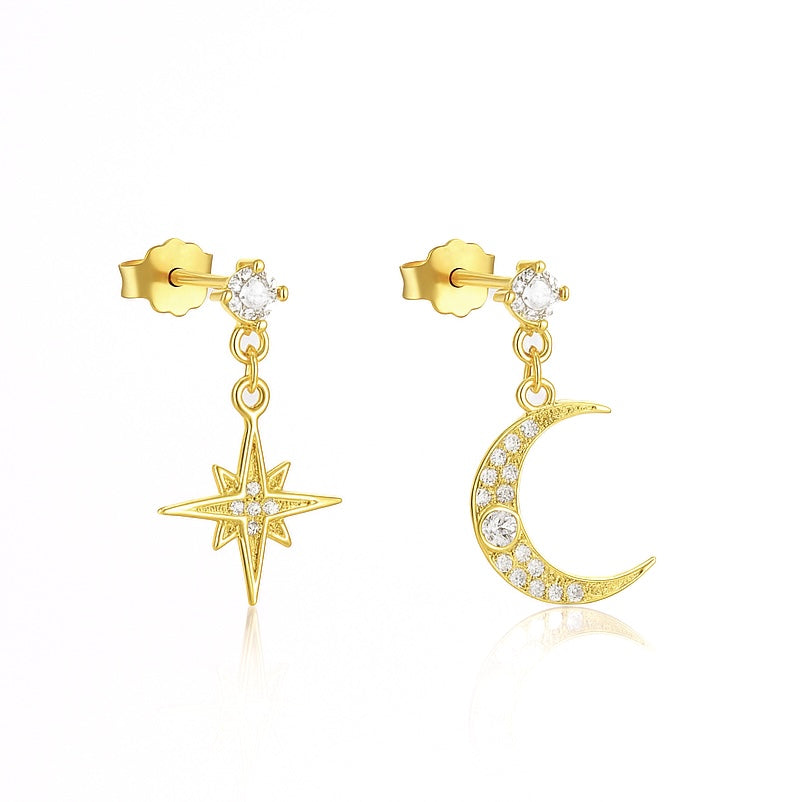 Gold earrings featuring a crescent moon and star design with a polished finish, from the Illuminate Collection by Valentina Rose.