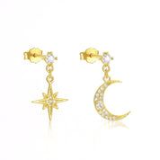 Gold earrings featuring a crescent moon and star design with a polished finish, from the Illuminate Collection by Valentina Rose.