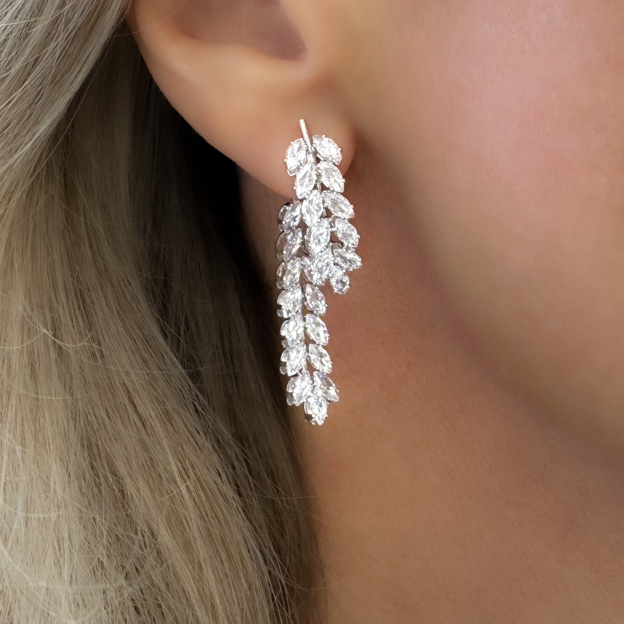 Feathered Leaf Front To Back Drop Earrings | Silver