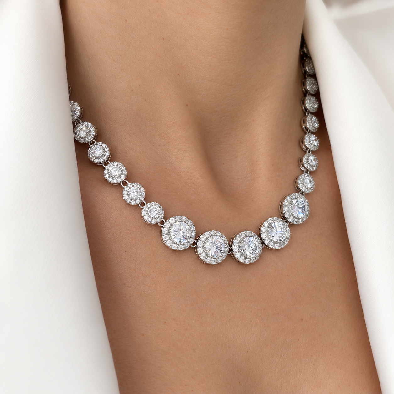Model wearing Saskia Crystal Tennis Necklace in Silver | Valentina-Rose Jewellery