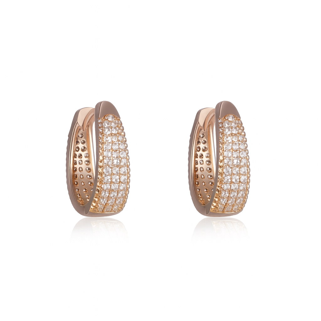 Rose gold huggie hoop earrings with pavé cubic zirconia, gently domed and polished for subtle sparkle. Medium-small size (1.7cm), shown in eco-friendly Valentina Rose gift box.