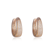 Rose gold huggie hoop earrings with pavé cubic zirconia, gently domed and polished for subtle sparkle. Medium-small size (1.7cm), shown in eco-friendly Valentina Rose gift box.