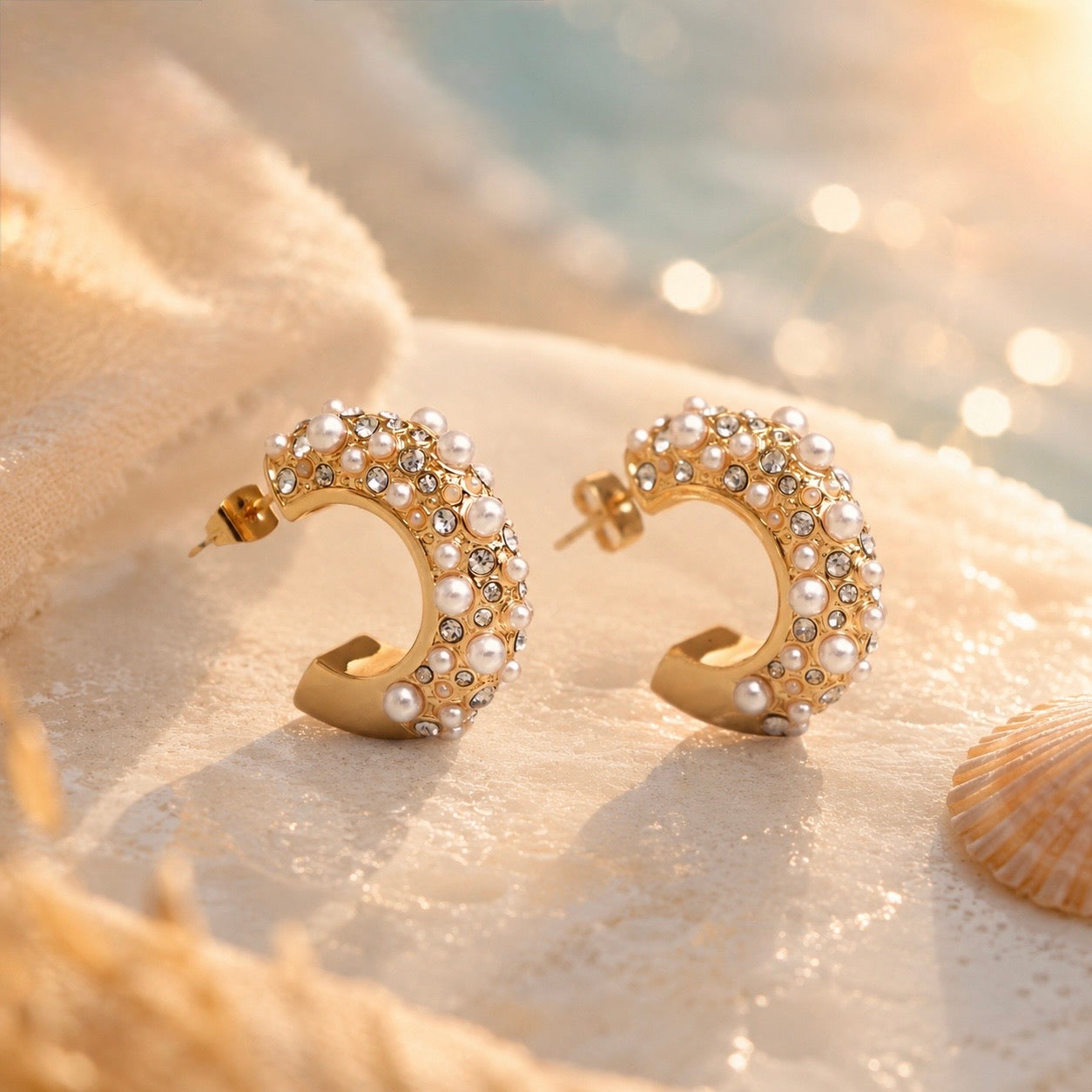Gold hoop earrings with cz and pearl accents on a sandy background
