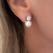 Grace Crystal and Pearl Stud Earrings for Women – Dainty 9mm x 4.3mm Rhodium-Plated Cubic Zirconia and Pearl Earrings – Elegant Bridal, Bridesmaid, Everyday Jewelry