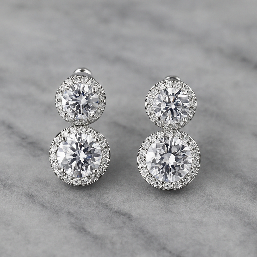 Baby Zara Earrings – Mini round-cut double halo stud earrings for women, dainty and elegant design for everyday or evening wear
