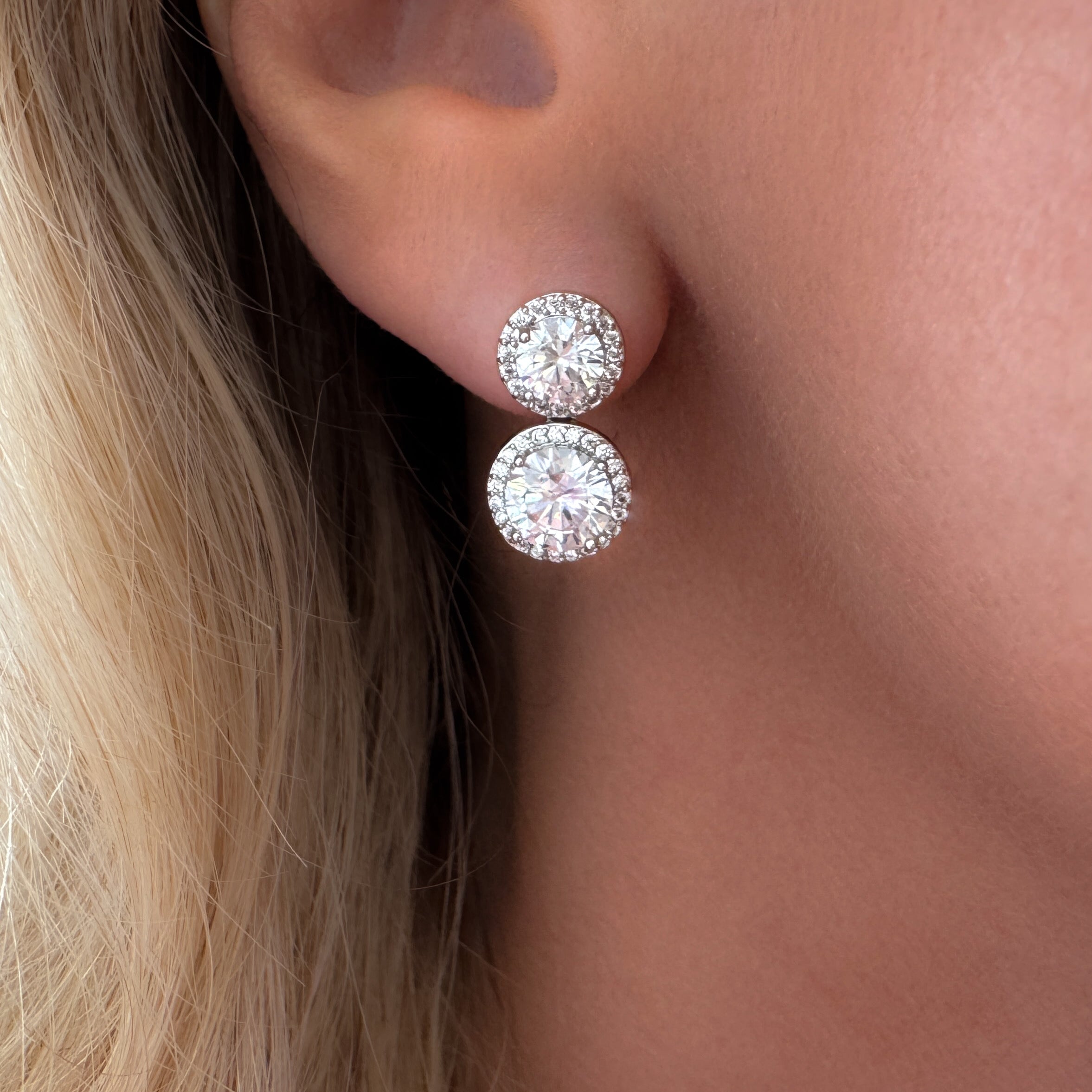 Baby Zara Earrings – Mini round-cut double halo stud earrings for women, dainty and elegant design for everyday or evening wear