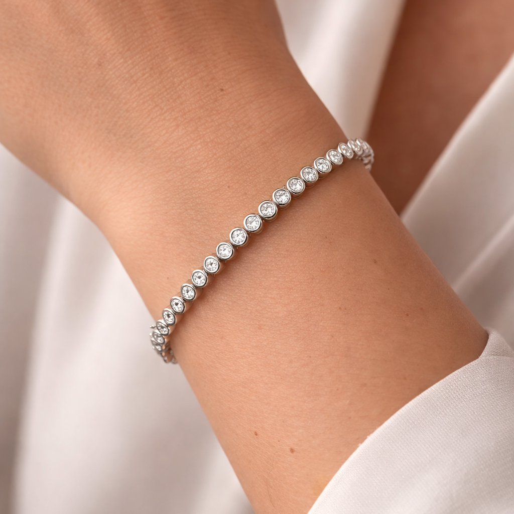 Silver bezel set tennis bracelet with clear stones