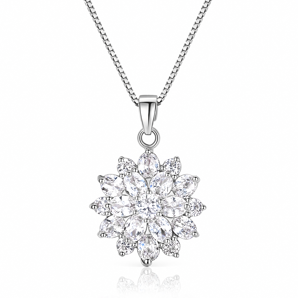 Silver necklace with a floral cluster pendant on a white background