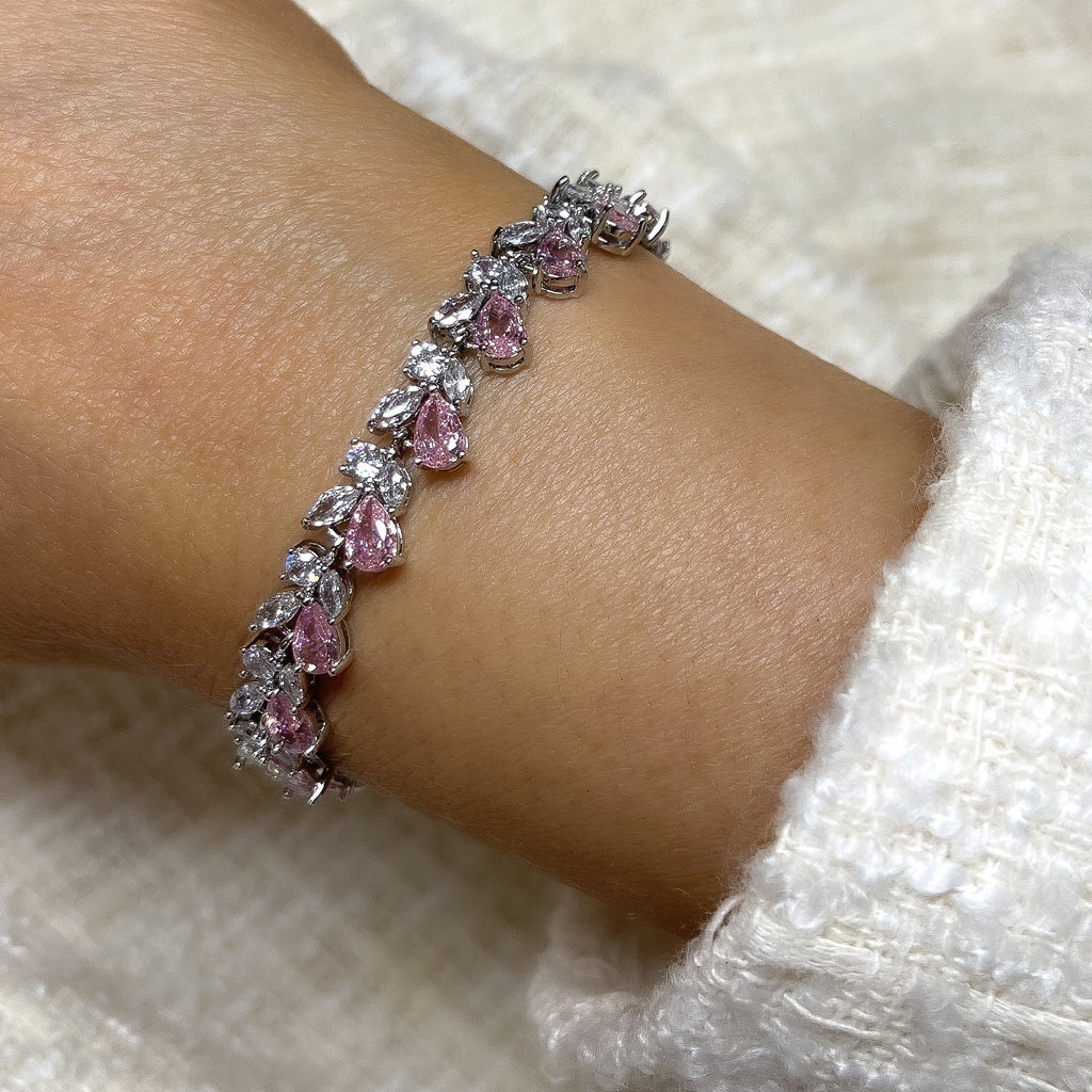 Rose Petal Crystal Tennis Bracelet | Silver | Blush Pink