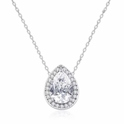 Teardrop-shaped diamond pendant on a chain against a white background