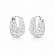 Pair of silver hoop earrings with clear pave cz on a white background