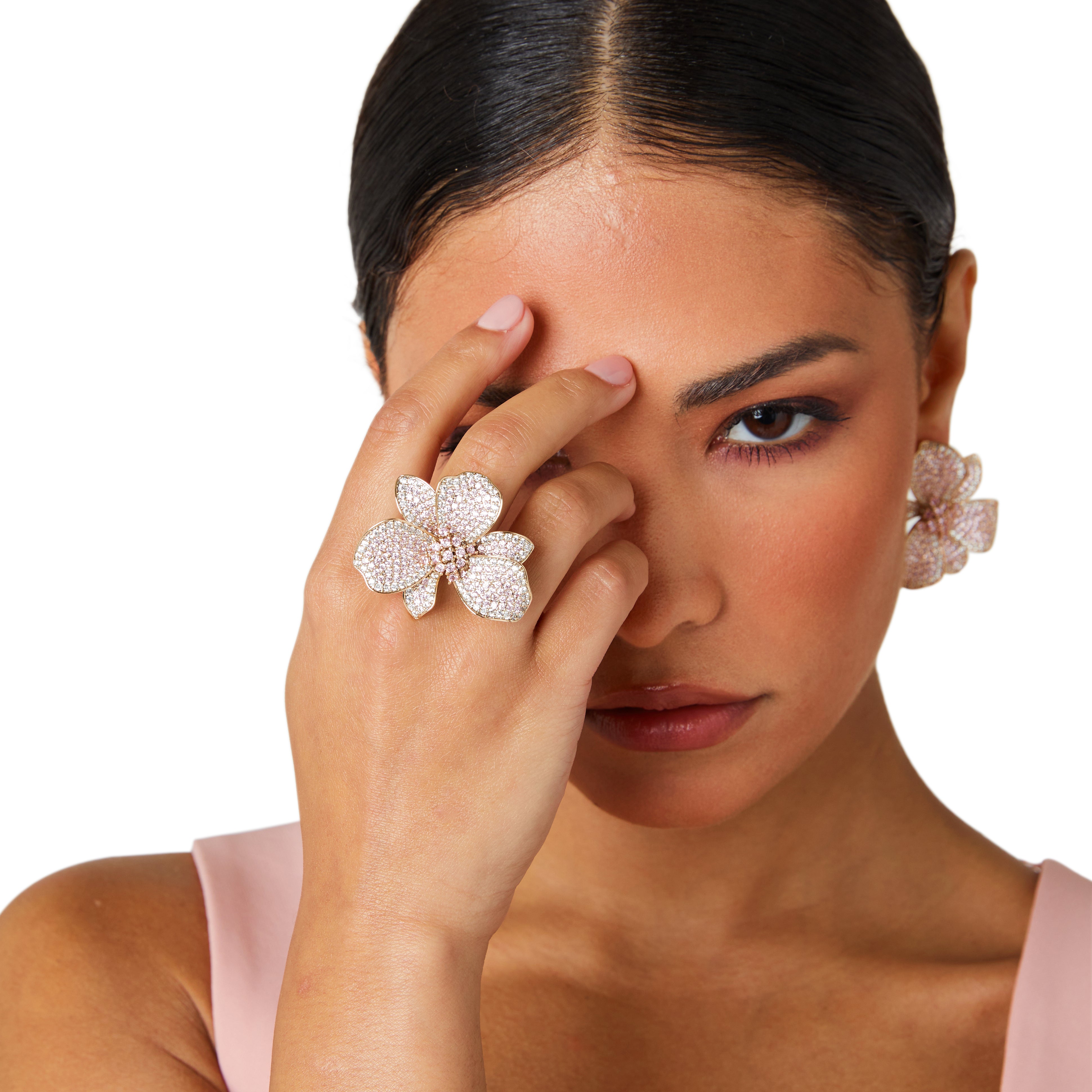 Gold wild orchid ring, Pink crystal cluster ring, Micro-pavé gold floral ring, Sparkling pink and white shimmer ring, Elegant gold statement ring, Luxe pink gemstone cocktail ring, Feminine gold flower ring