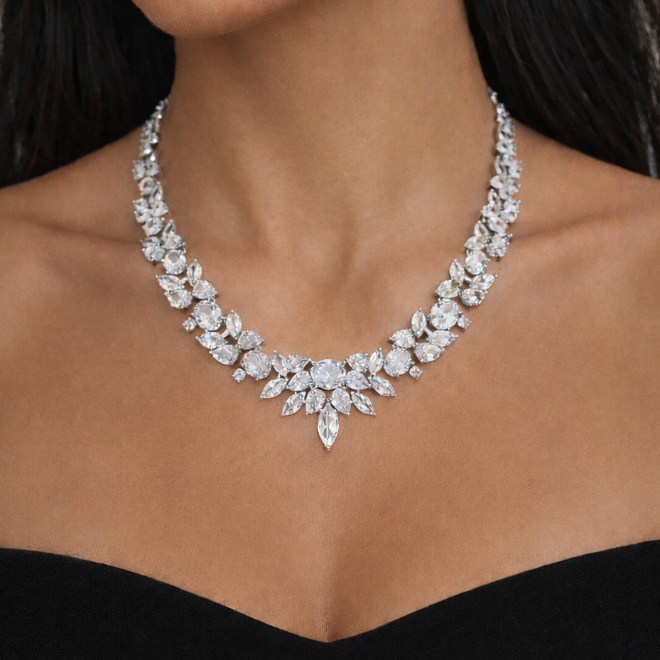 Elegant geometric statement tennis necklace on a model 