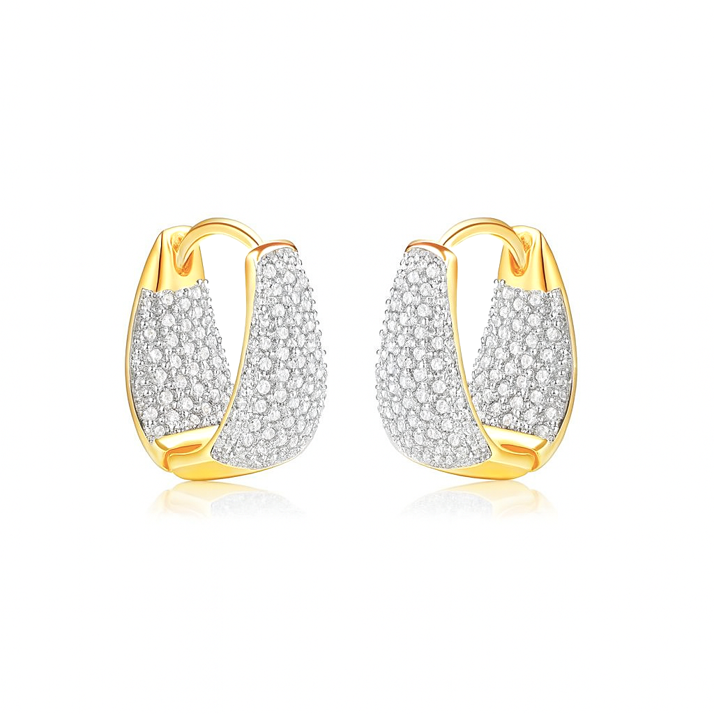 Gold hoop earrings with diamond-like stones on a white background