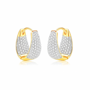 Gold hoop earrings with diamond-like stones on a white background