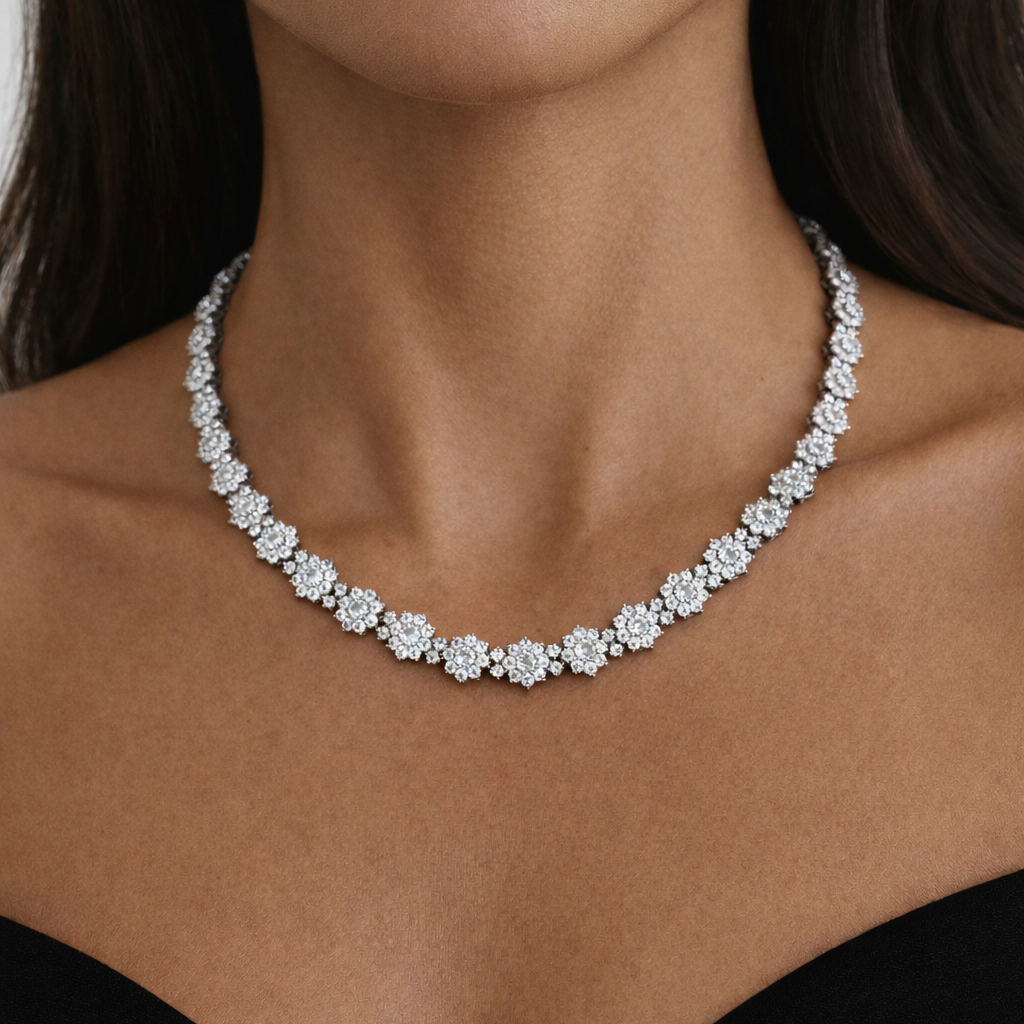 Floral cluster tennis necklace on a model against a neutral background