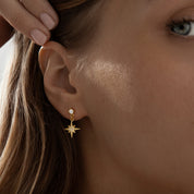 Gold earrings featuring a crescent moon and star design with a polished finish, from the Illuminate Collection by Valentina Rose.