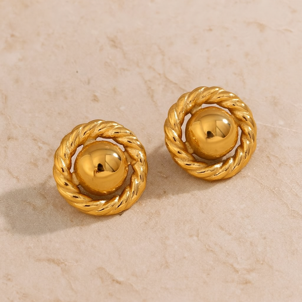 Gold-plated circle rope stud earrings with 18k finish and twisted border, 1.7cm size. Vintage-inspired stainless steel studs in Valentina Rose gift box.