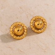 Gold-plated circle rope stud earrings with 18k finish and twisted border, 1.7cm size. Vintage-inspired stainless steel studs in Valentina Rose gift box.