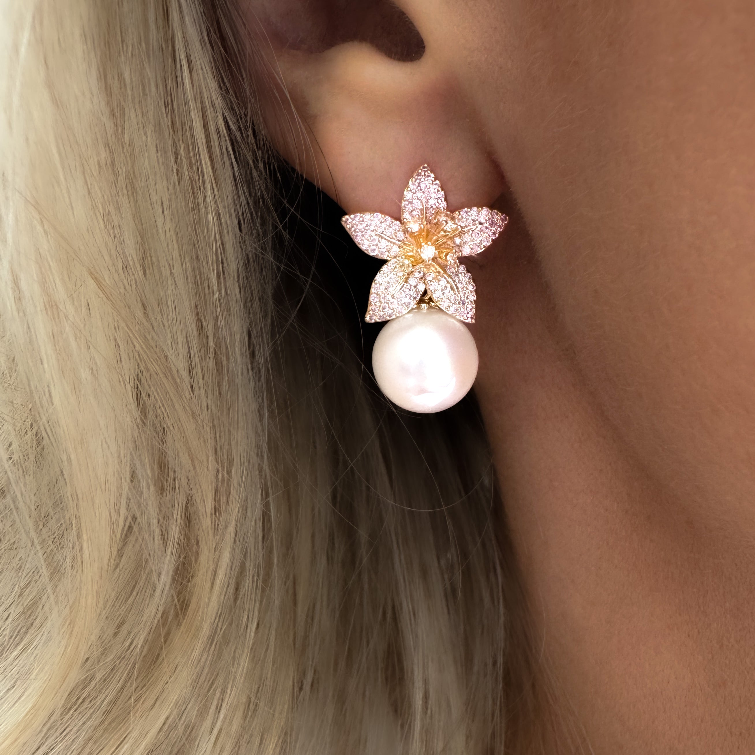 Lily Stargazer Pearl Dangle Drop Earrings | Baby Pink | Gold