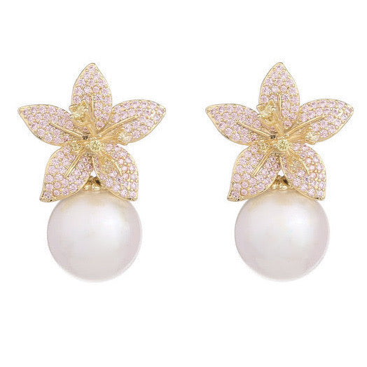 Lily Stargazer Pearl Dangle Drop Earrings | Baby Pink | Gold