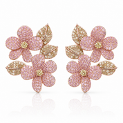 A pair of Valentina-Rose floral stud earrings featuring pink pavé-set flower petals with gold-toned leaf accents and gold centers, displayed on a clean white background with a soft reflection.