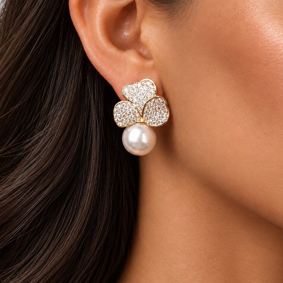 Frosted Petal Pearl Earrings | Gold