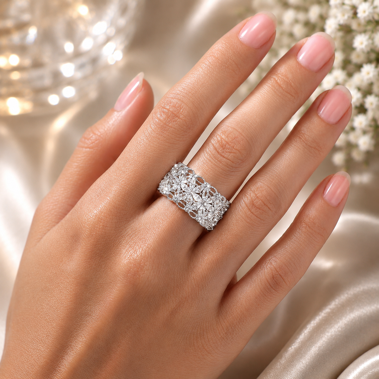 A close-up of a hand wearing a wide silver band ring set with sparkling clear stones, styled with soft satin fabric and blurred floral elements in the background.