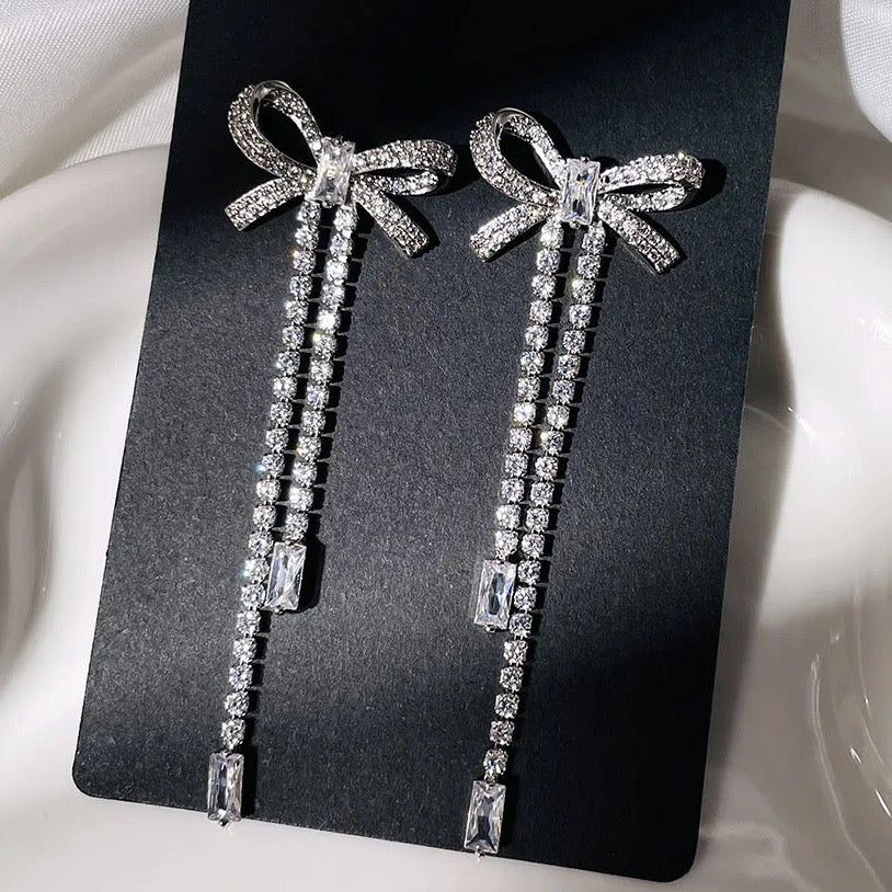 Bow Drop Crystal Fringe Earrings Silver | Statement Earrings UK