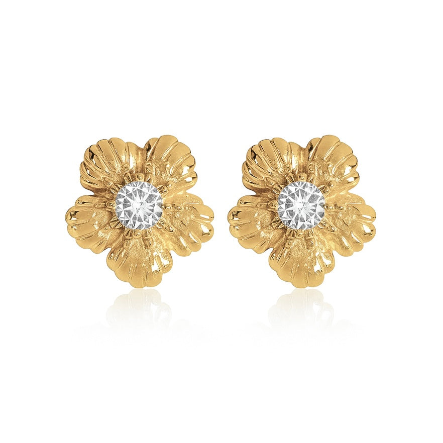 Gold flower-shaped earrings with clear gemstones on a white background
