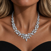 Elegant geometric statement tennis necklace on a model 