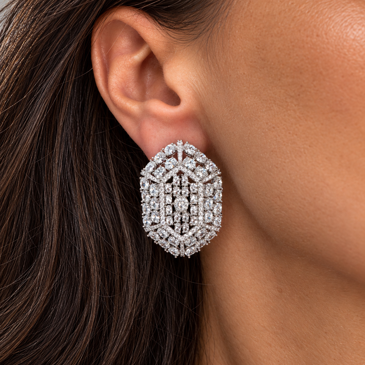 Model wearing After Dark Statement Earrings in Silver | Valentina-Rose Jewellery
