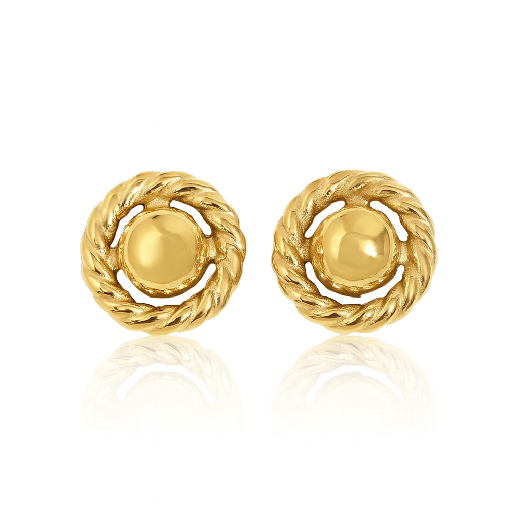 Gold-plated circle rope stud earrings with 18k finish and twisted border, 1.7cm size. Vintage-inspired stainless steel studs in Valentina Rose gift box.