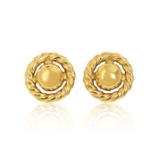 Gold-plated circle rope stud earrings with 18k finish and twisted border, 1.7cm size. Vintage-inspired stainless steel studs in Valentina Rose gift box.