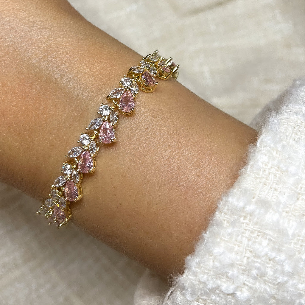 Rose Petal Crystal Tennis Bracelet | Gold | Blush Pink