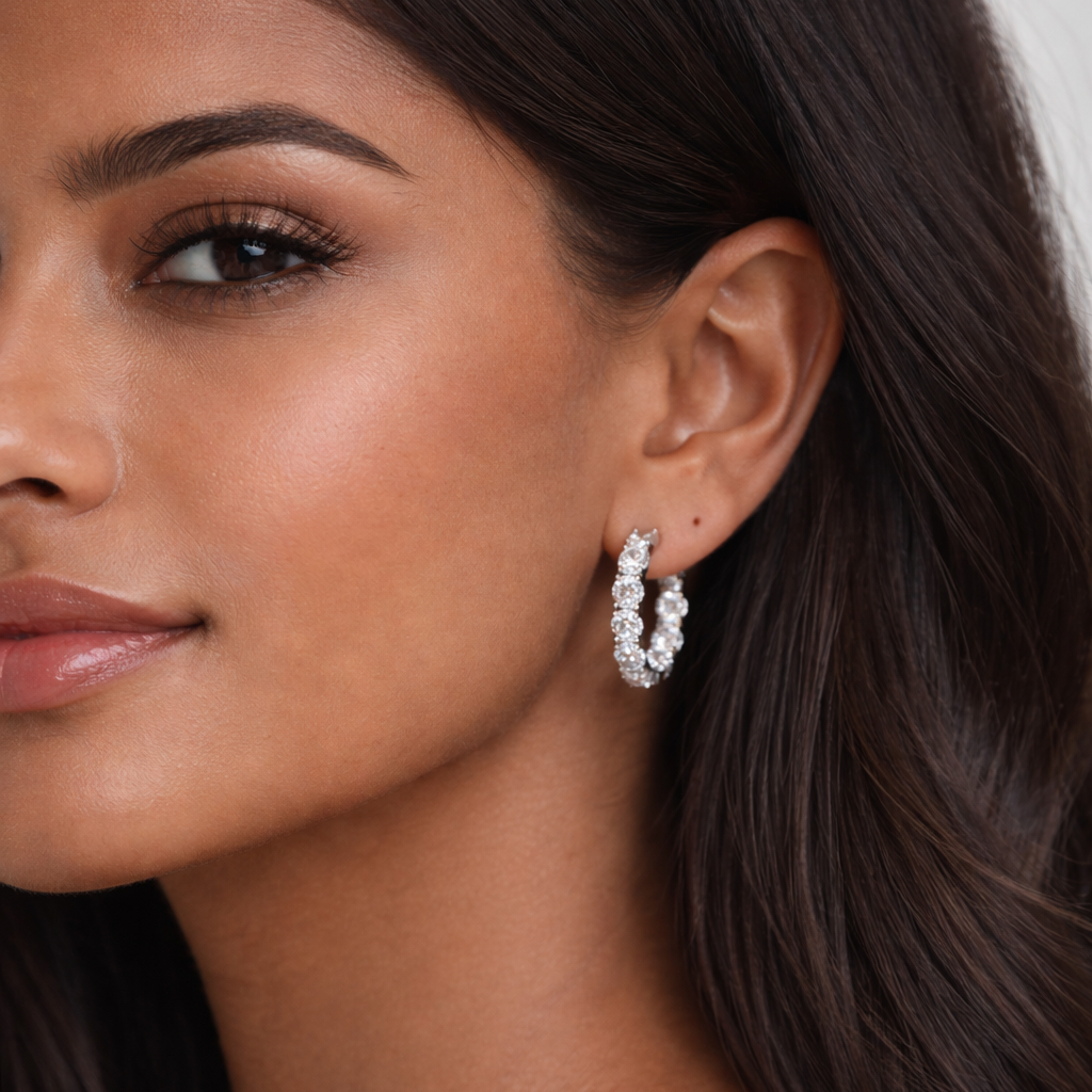 Close-up of a woman wearing diamond hoop earrings with a neutral background