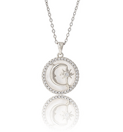 Silver necklace pendant featuring moon and sun designs on a white background.
