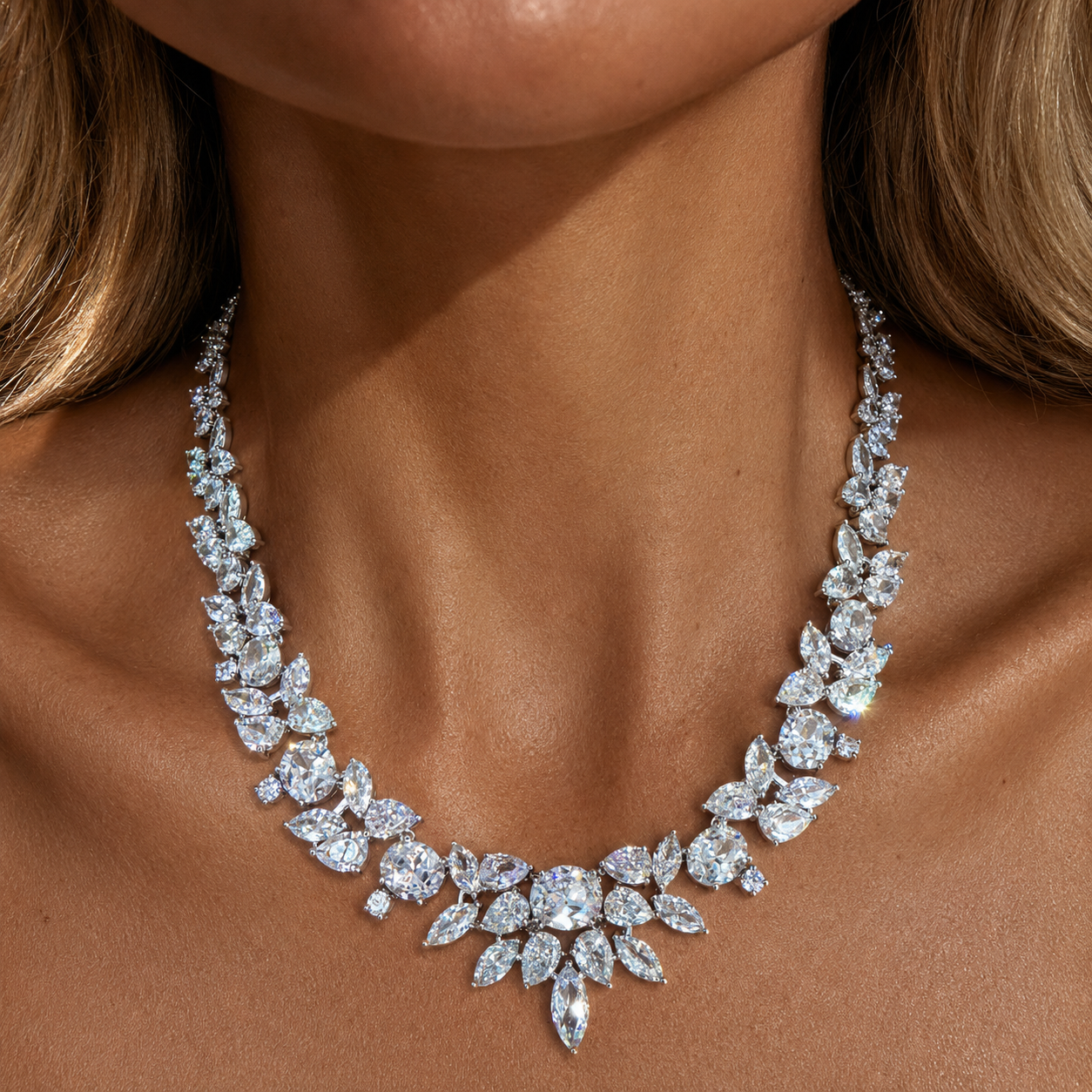 Elegant geometric statement tennis necklace on a model 