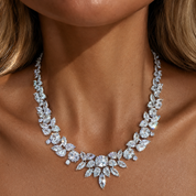 Elegant geometric statement tennis necklace on a model 